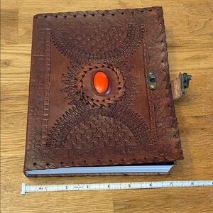 Handcrafted Brown Leather Journal with Red Stone